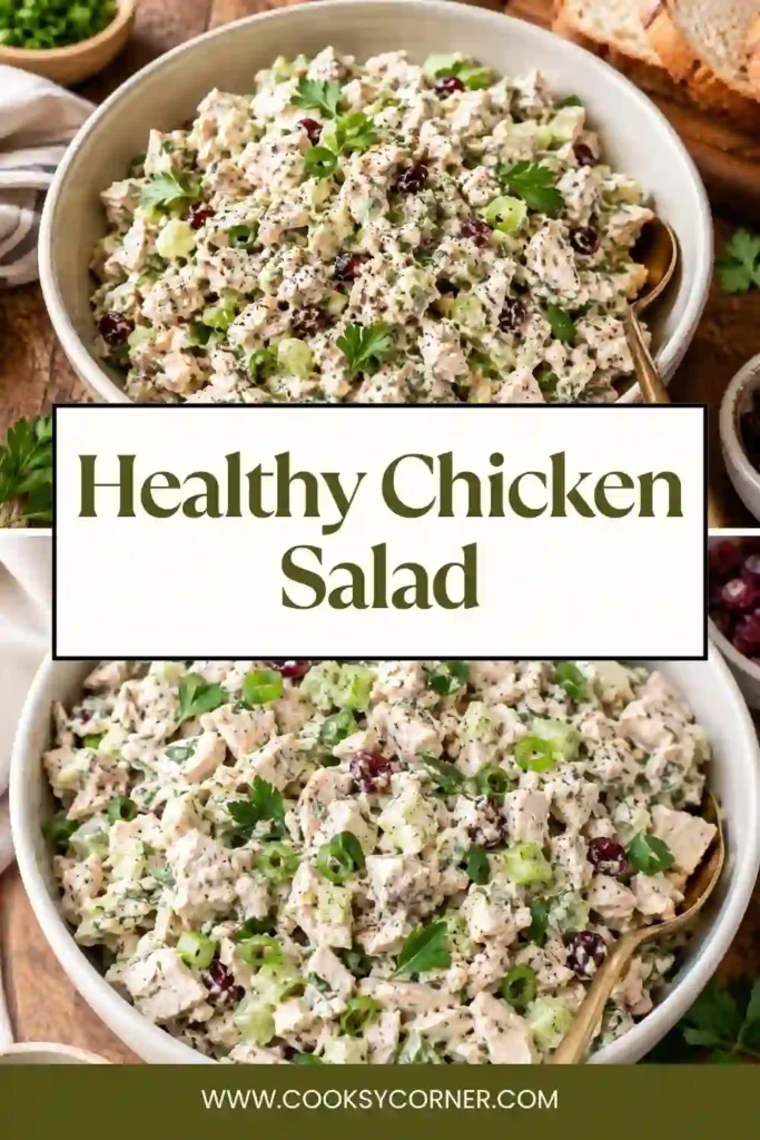 Homemade Healthy Chicken Salad topped with toasted almonds and parsley in a white serving bowl. Fresh celery and lemon slices are arranged alongside the dish.