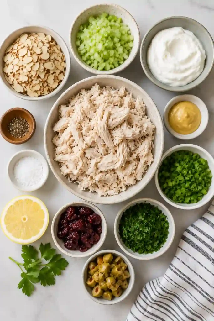 Fresh Healthy Chicken Salad served over crisp lettuce with toasted almonds, celery, and parsley. The creamy salad is garnished with lemon wedges.