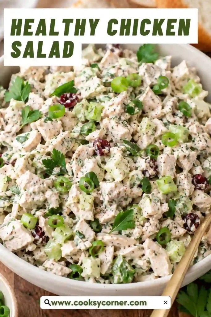 A bowl of Healthy Chicken Salad made with shredded chicken, Greek yogurt, toasted almonds, celery, scallions, parsley, and dried cranberries, served on a light wooden table.