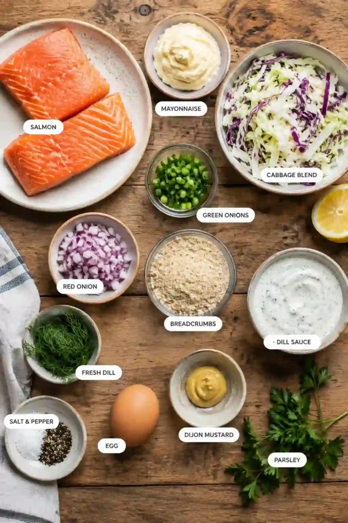 Easy healthy salmon burgers made from cooked salmon and fresh herbs served with creamy cabbage slaw in a white serving bowl. Perfect for a quick family dinner.
