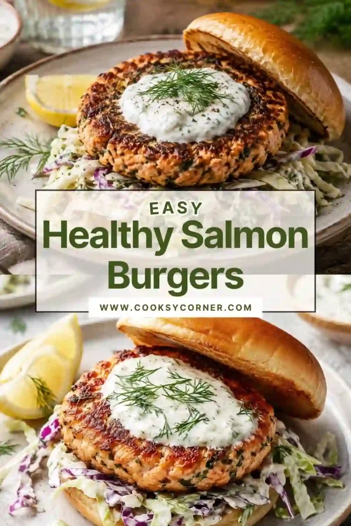 Healthy salmon burgers served over creamy cabbage slaw with fresh dill and a drizzle of olive oil. The burgers are golden brown, crispy, and packed with flaky salmon.