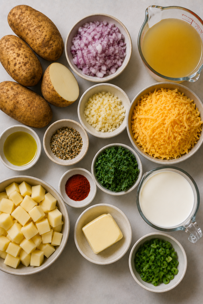 Cheesy potato soup featuring soft russet potatoes, garlic, smoked paprika, herbs, cream, and melted sharp cheddar. Fresh parsley adds a bright green garnish to the creamy soup.