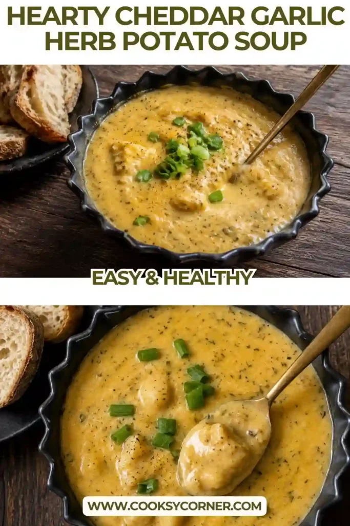 Creamy cheddar potato soup made with russet potatoes, garlic, onion, herbs, heavy cream, and sharp cheddar. The thick golden soup is garnished with fresh green onions.
