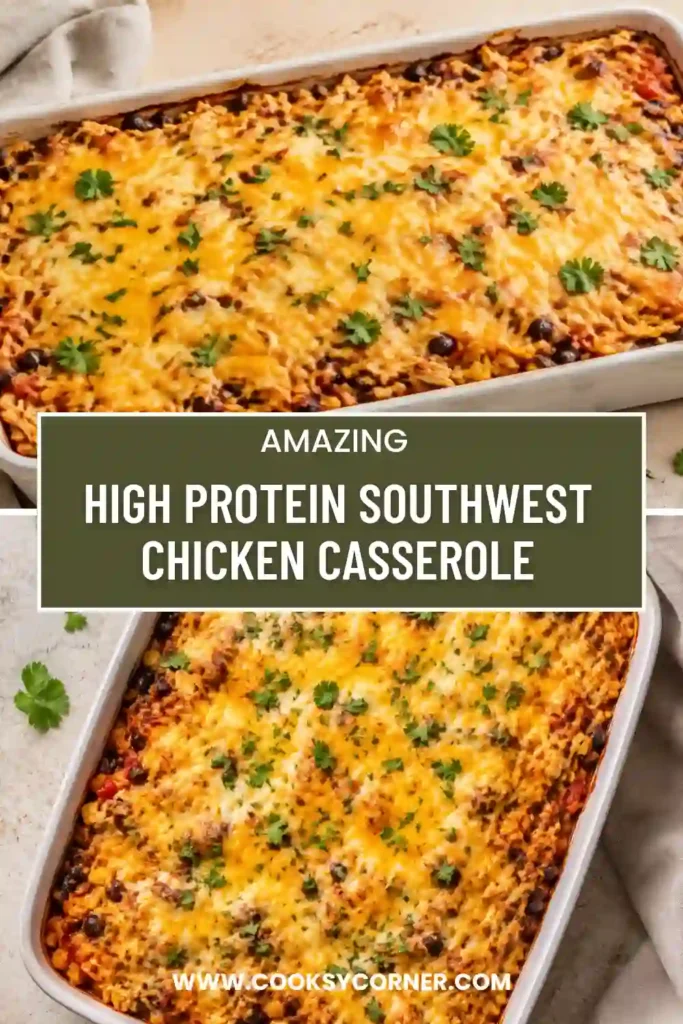 High protein chicken casserole featuring seasoned chicken, fluffy rice, black beans, corn, and a layer of melted cheddar. Salsa gives the easy baked dinner a colorful Southwest-inspired finish.