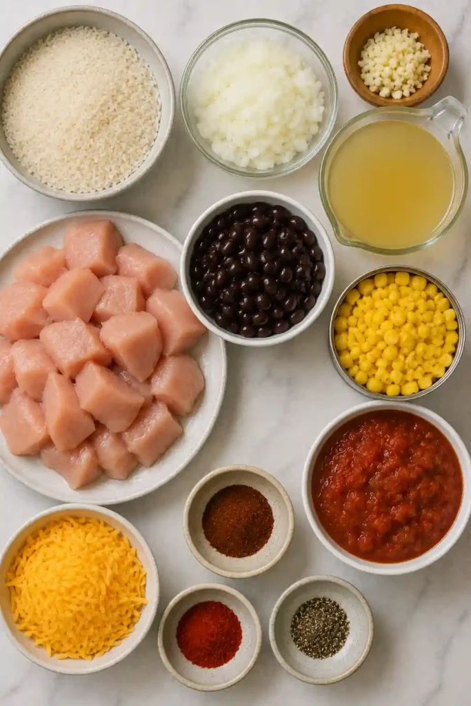 Cheesy Southwest Chicken Casserole made with chicken breast, basmati rice, black beans, corn, and salsa. Golden melted cheddar covers the hearty protein-packed casserole.
