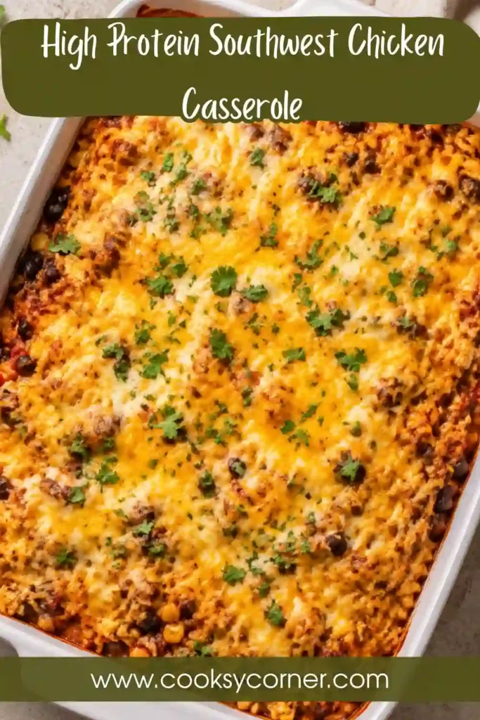 Southwest chicken and rice casserole filled with tender chicken breast, black beans, golden corn, salsa, and cheddar cheese. Fresh toppings add color to the hearty high-protein dinner.