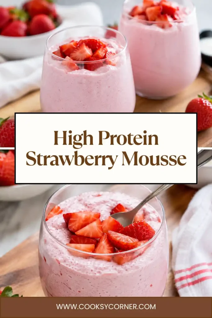 High-Protein Strawberry Mousse served cold with fresh strawberries on top. This creamy cottage cheese strawberry mousse is a simple high protein dessert with fresh berry flavor.