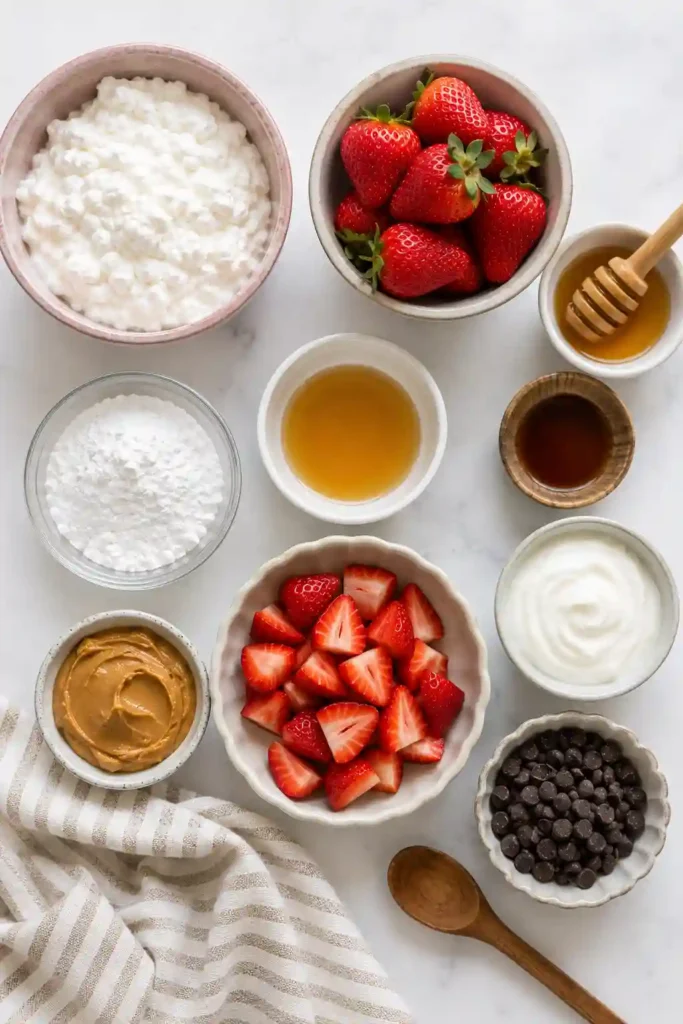 A serving of High-Protein Strawberry Mousse with a creamy texture and bright strawberry color. Fresh strawberries add a colorful finishing touch to this easy no-cook dessert.