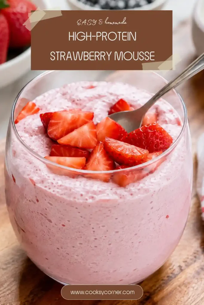 Creamy strawberry mousse made with cottage cheese, fresh strawberries, and whipped topping. The easy strawberry mousse has a smooth pink texture and fresh fruit garnish.