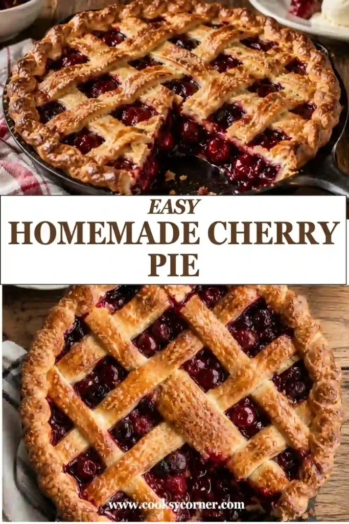 Homemade Cherry Pie with a golden flaky lattice crust filled with juicy fresh cherries. A classic baked dessert served warm with vanilla ice cream.