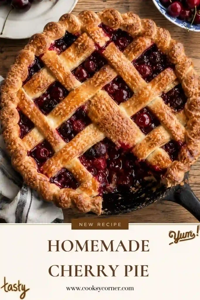 Golden Homemade Cherry Pie featuring a flaky pastry crust and sweet cherry filling. A timeless dessert recipe made with fresh cherries.