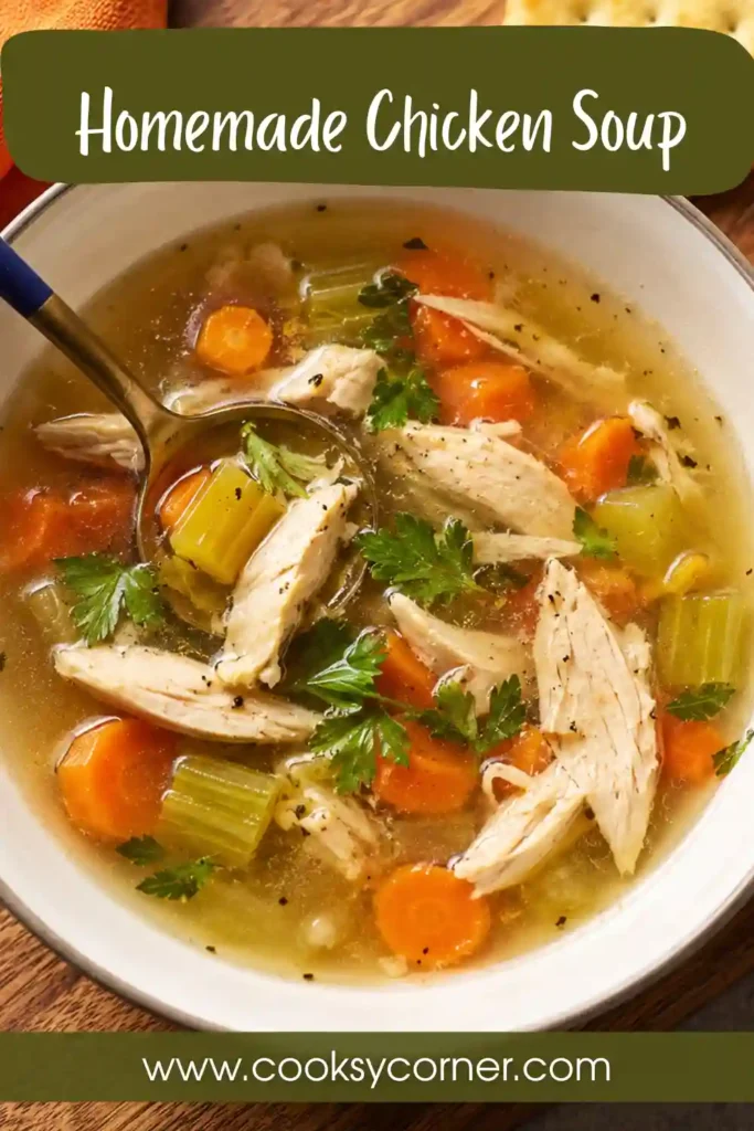 Whole chicken soup made from scratch with carrots, celery, onion, and tender chicken pieces. The homemade chicken broth is light, savory, and perfect for a comforting family meal.