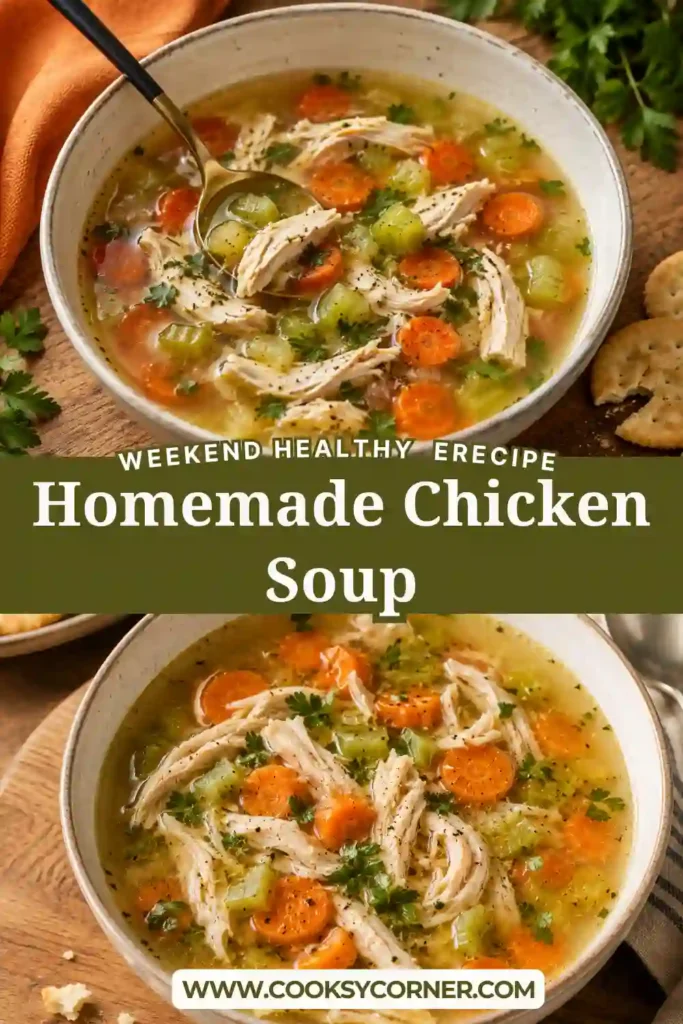 A warm bowl of Homemade Chicken Soup filled with shredded chicken and tender vegetables. The golden broth makes this easy chicken soup recipe look comforting and satisfying.