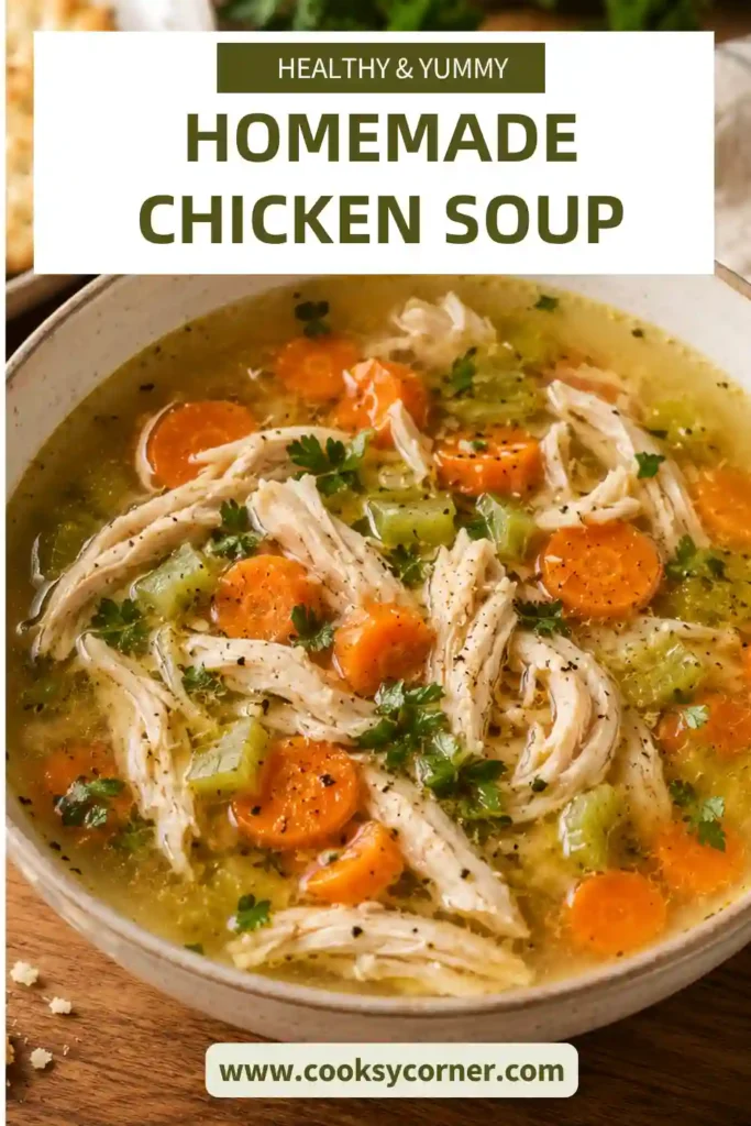 Homemade Chicken Soup served in a bowl with tender pieces of chicken, carrots, celery, and savory broth. This classic chicken soup is made from scratch with simple ingredients.