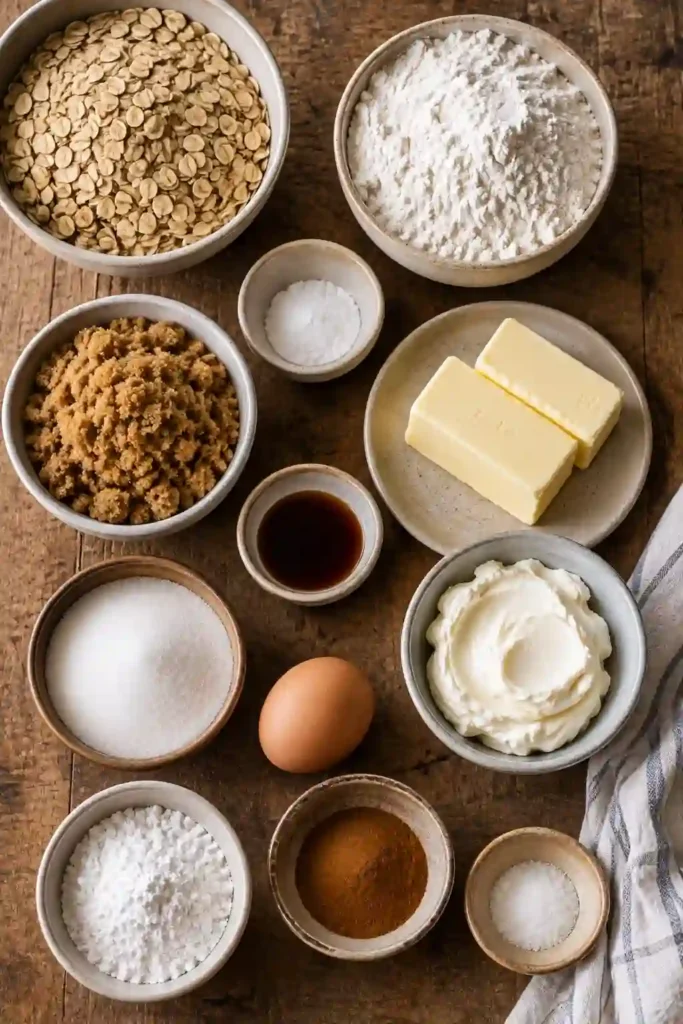 Homemade Oatmeal Cream Pies arranged for serving with generous layers of vanilla cream filling. The chewy oatmeal cookies are flavored with cinnamon, brown sugar, and molasses.