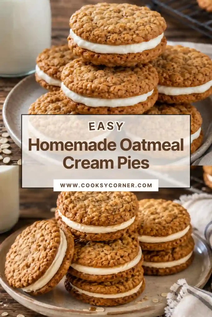 Homemade Oatmeal Cream Pies filled with thick vanilla cream between two soft and chewy oatmeal cookies. The cookies feature a golden-brown finish and visible oat texture.