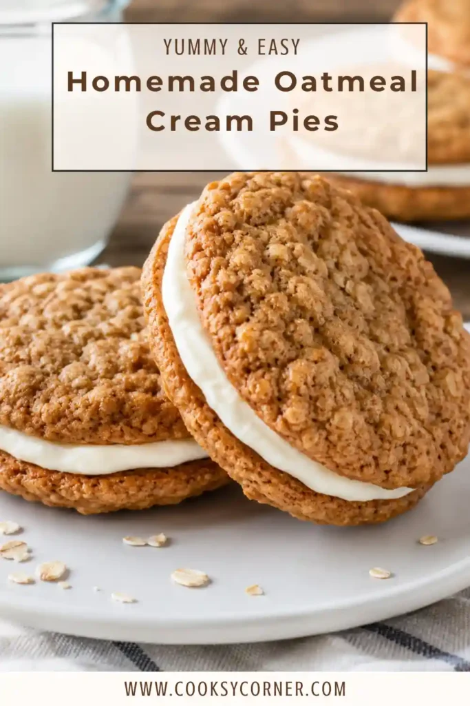 A stack of Homemade Oatmeal Cream Pies made with soft oatmeal cookies and creamy vanilla filling. Brown sugar, cinnamon, and molasses give the oatmeal sandwich cookies a warm golden color.