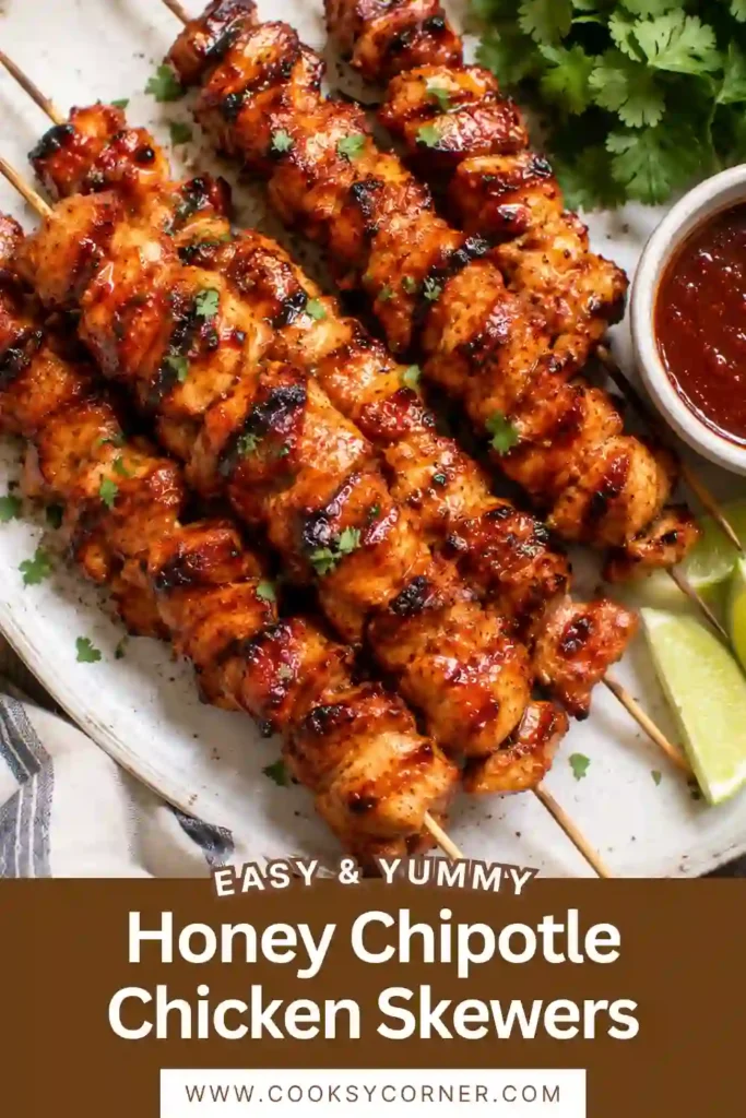 Grilled Honey Chipotle Chicken Skewers with caramelized edges and a glossy honey glaze. A delicious high-protein recipe for BBQs and family gatherings.