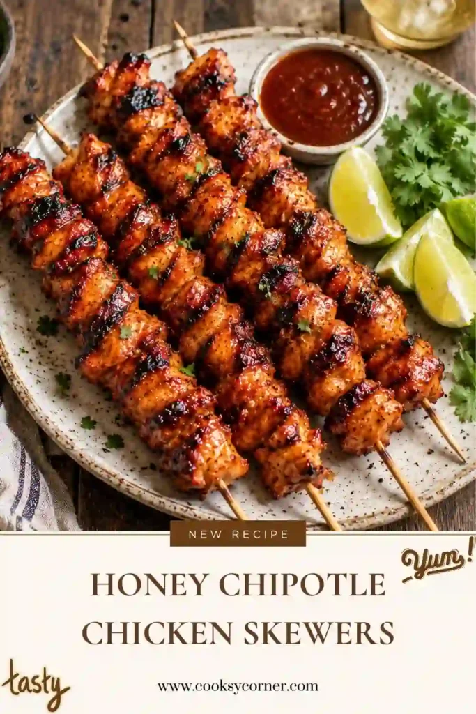 Juicy Honey Chipotle Chicken Skewers cooked until lightly charred and glazed with a sweet, smoky honey chipotle sauce. Served fresh with herbs for an easy family dinner.