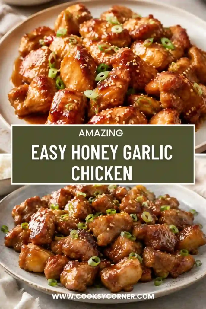 Easy Honey Garlic Chicken served with steamed rice and coated in a shiny garlic, honey, and soy sauce glaze. The chicken thighs are golden outside and juicy inside.