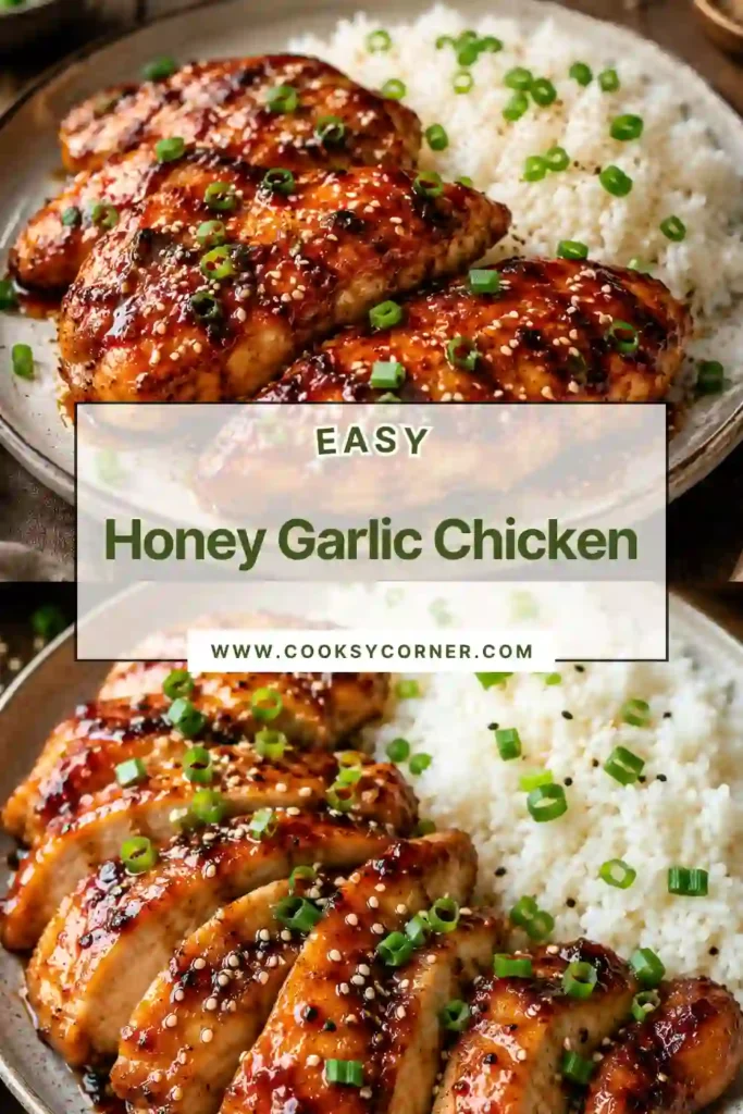 Golden honey garlic chicken breast finished in a sticky garlic sauce with sesame seeds and fresh green onions. This easy chicken dinner is prepared in one skillet in about 25 minutes.
