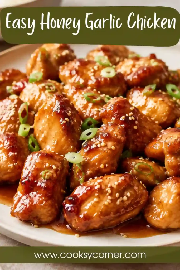 Honey Garlic Chicken thighs coated in a glossy sweet and savory garlic sauce. The sticky chicken is garnished with parsley and chili flakes and served over fluffy white rice.
