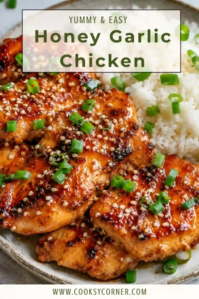 Honey garlic chicken breast coated in a glossy sweet and savory garlic sauce and topped with sesame seeds and sliced green onions. This easy skillet chicken recipe makes a flavorful 25-minute dinner.