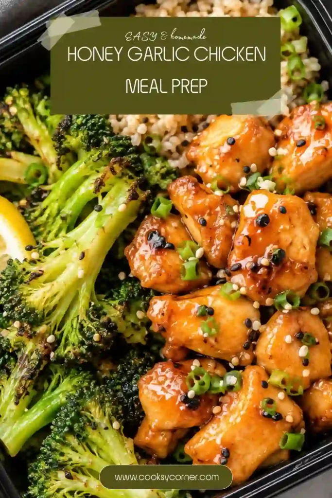 Healthy chicken meal prep featuring sweet and spicy honey garlic chicken with quinoa and stir-fried broccoli. The chicken is garnished with sesame seeds and sliced green onions.