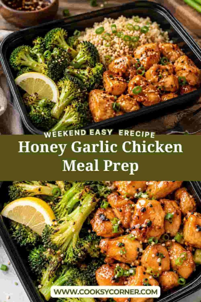 Honey garlic chicken bowl filled with glazed chicken breast, fluffy cooked quinoa, and tender broccoli. Green onions and sesame seeds add a fresh finishing touch.