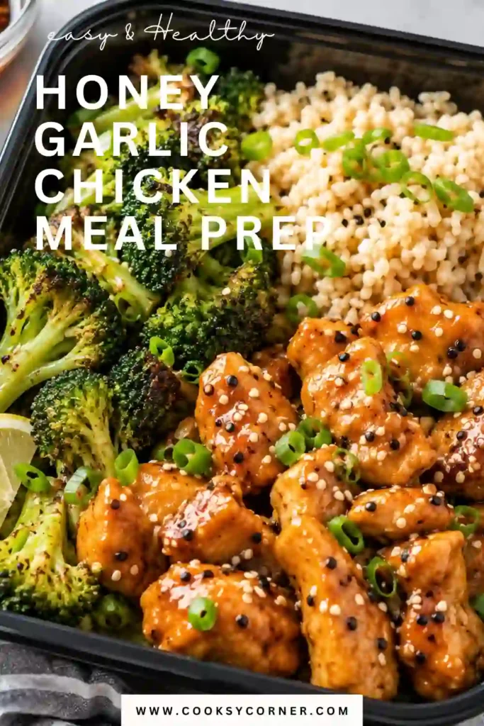 Chicken quinoa meal prep bowl with juicy honey garlic chicken, green broccoli, and fluffy quinoa. A simple balanced meal prepared for an easy weekday lunch or dinner.