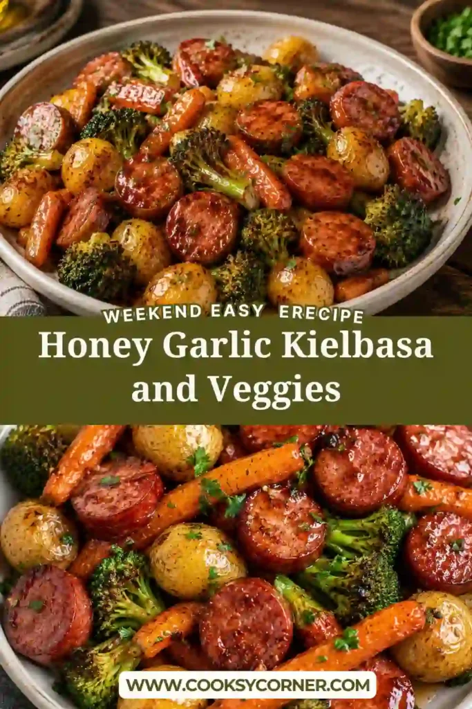 One pan kielbasa dinner featuring browned beef sausage, roasted potatoes, broccoli, carrots, and colorful bell peppers. A sweet and savory honey garlic glaze coats the sausage and vegetables.