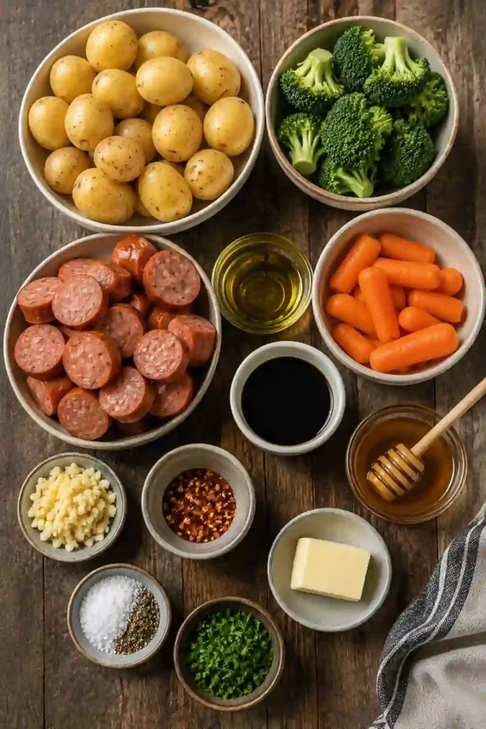 Easy Honey Garlic Kielbasa and Veggies served warm with roasted potatoes and colorful vegetables. The browned sausage and caramelized vegetables create a hearty family-friendly sheet pan dinner.