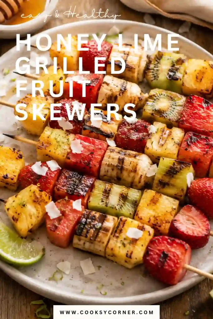 Fresh grilled fruit skewers arranged on a serving platter with lime slices and mint leaves. The fruit is lightly caramelized and glossy with honey glaze.