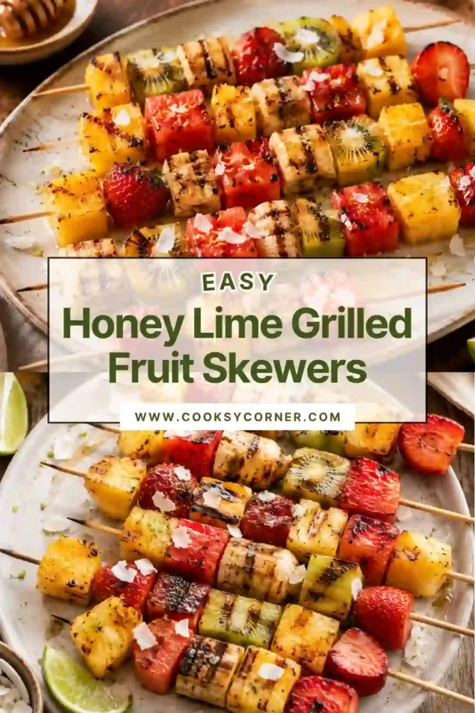 Colorful Honey Lime Grilled Fruit Skewers with pineapple, watermelon, strawberries, kiwi, bananas, and mango served on a wooden platter after grilling.