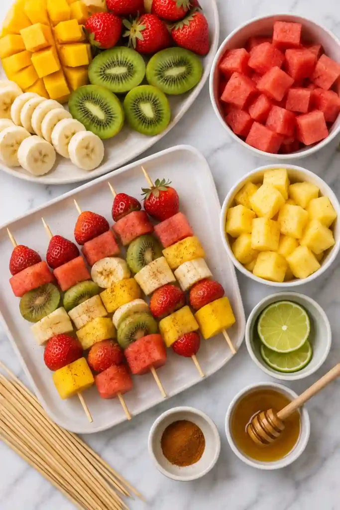 Summer fruit skewers made with pineapple, watermelon, mango, kiwi, bananas, and strawberries grilled until caramelized and served warm.