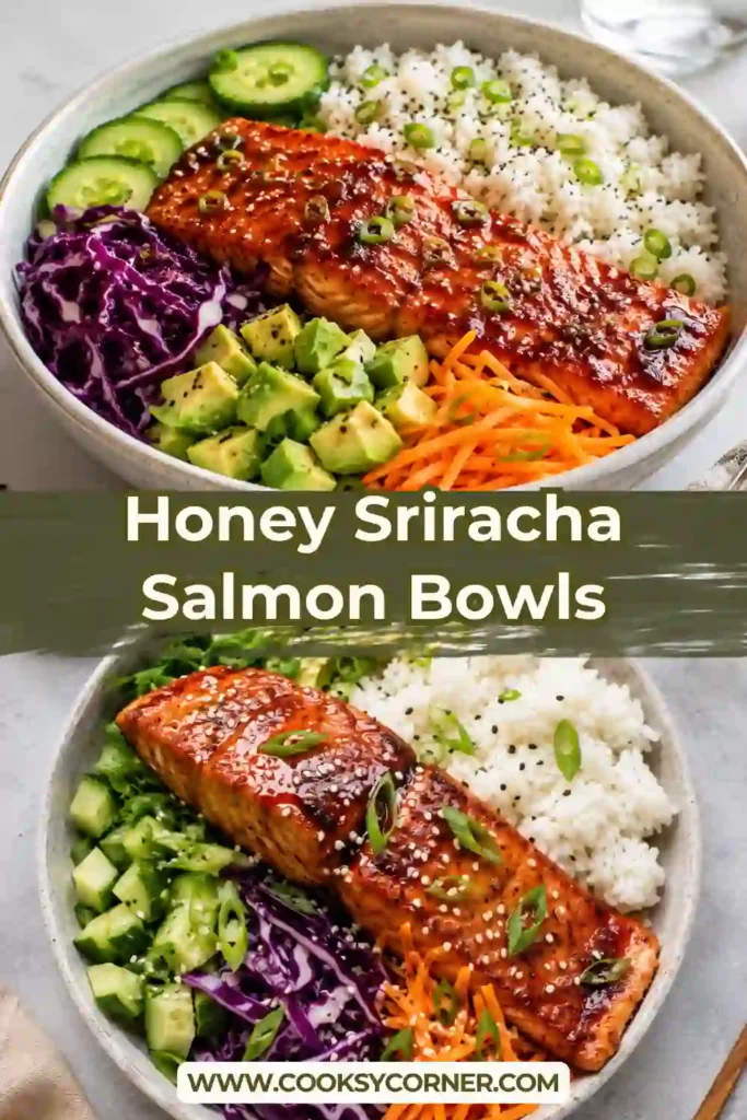 Easy salmon bowl recipe featuring caramelized honey sriracha salmon over rice with fresh cucumber, creamy avocado, and edamame. A drizzle of spicy mayo adds a creamy finish.