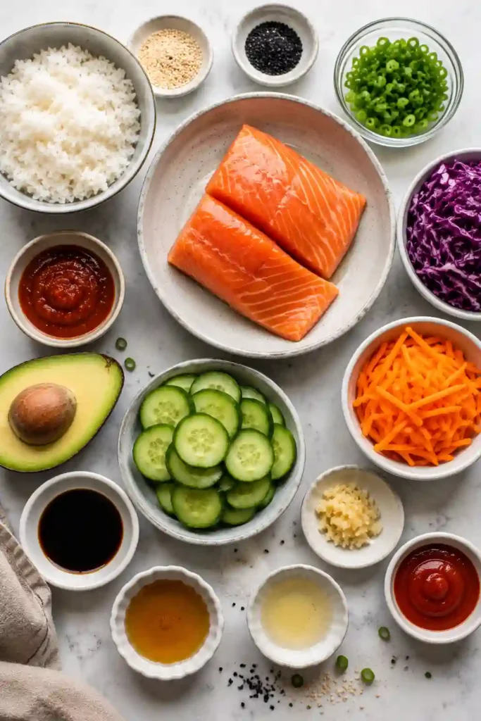 Healthy salmon bowl with tender sriracha salmon, steamed white rice, avocado, cucumber, and edamame. The sweet and spicy glazed salmon creates a colorful and satisfying rice bowl.
