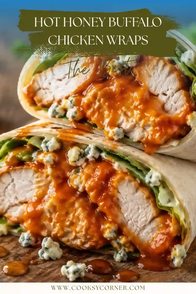 Homemade Hot Honey Buffalo Chicken Wraps sliced in half to reveal crispy chicken, lettuce, ranch, and cheese. A delicious handheld meal for busy weeknights.