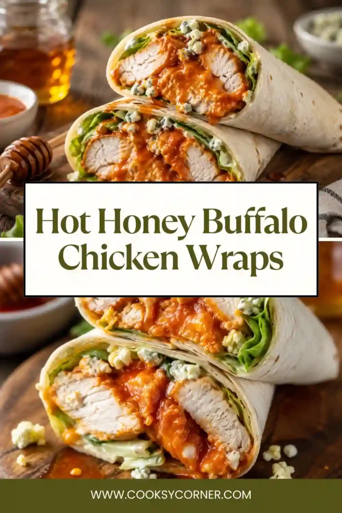 Crispy baked buffalo chicken wrapped in a soft tortilla with fresh lettuce, creamy ranch, and blue cheese. These Hot Honey Buffalo Chicken Wraps are perfect for lunch or dinner.