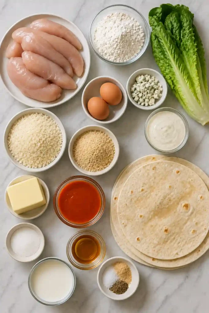 Sweet and spicy buffalo chicken wraps with crunchy romaine, ranch dressing, and blue cheese served on a wooden board. A satisfying family-friendly recipe.