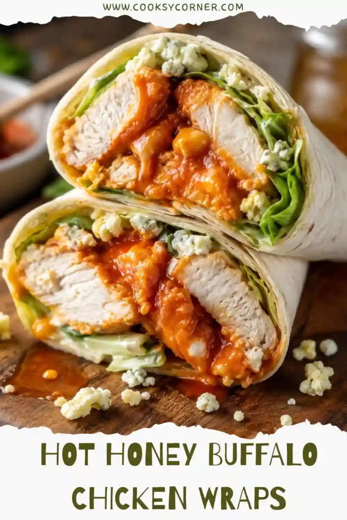 Hot Honey Buffalo Chicken Wraps filled with crispy buffalo chicken, romaine lettuce, blue cheese, and ranch dressing in warm flour tortillas. A flavorful and easy chicken wrap recipe.
