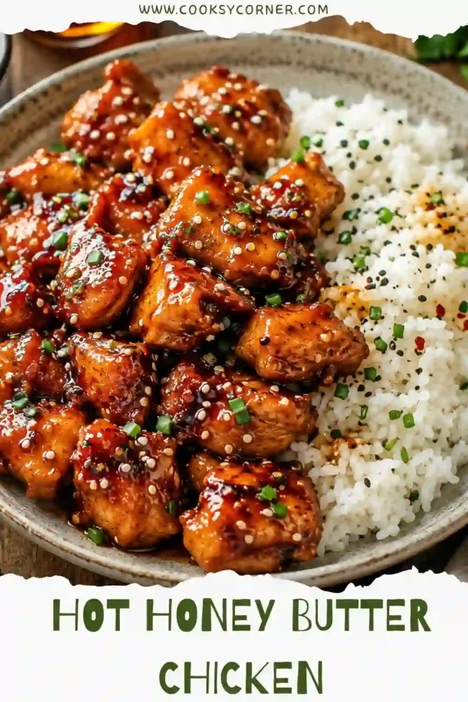 Crispy hot honey chicken coated with a rich, buttery glaze made with honey and hot sauce. The golden chicken pieces have a crunchy exterior and tender, juicy center.