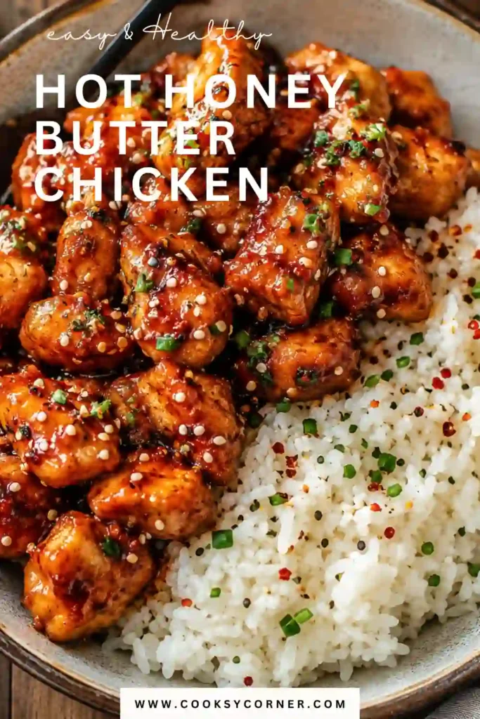 Sweet and spicy chicken bites covered in sticky hot honey butter sauce and served over fluffy rice. The crispy chicken thighs are golden brown with a glossy, caramel-colored finish.