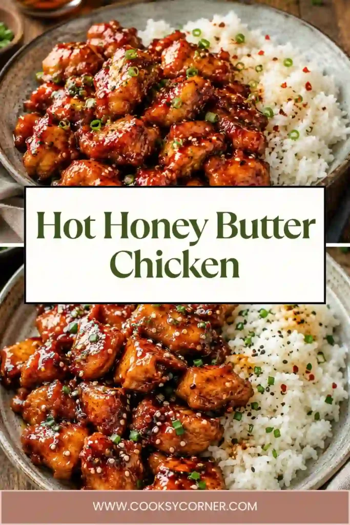 Homemade Hot Honey Butter Chicken featuring crunchy fried chicken pieces tossed in a shiny honey butter glaze. This easy chicken dinner combines crispy texture with sweet and spicy flavor.