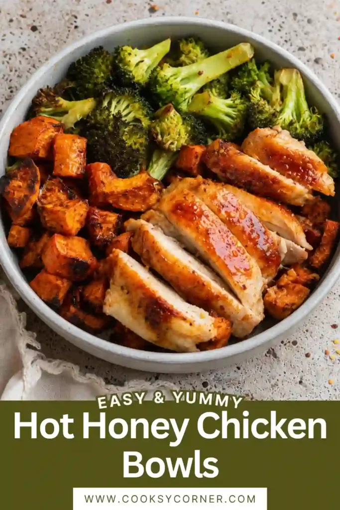 Hot honey chicken bowl filled with juicy roasted chicken, caramelized sweet potatoes, green broccoli, and turkey bacon. Spicy honey is drizzled over the top for a sticky golden finish.