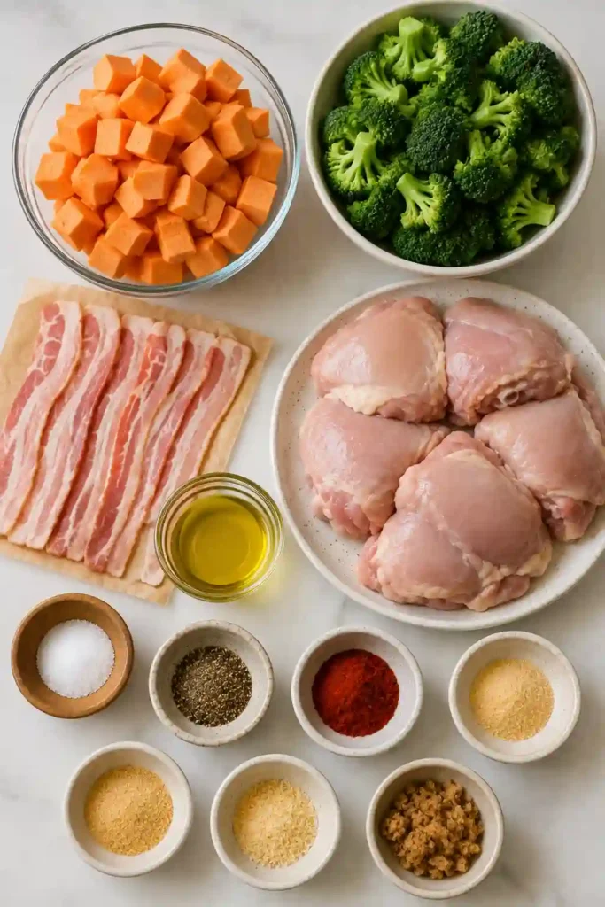 Meal prep Hot Honey Chicken Bowls with roasted chicken thighs, sweet potato cubes, broccoli, and crispy turkey bacon. The colorful sheet pan dinner is finished with a drizzle of spicy honey.