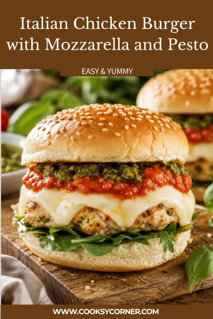Chicken Parmesan burger featuring a golden ground chicken patty topped with tomato marinara and bubbling mozzarella cheese. Pesto and fresh arugula are layered inside a toasted bun.
