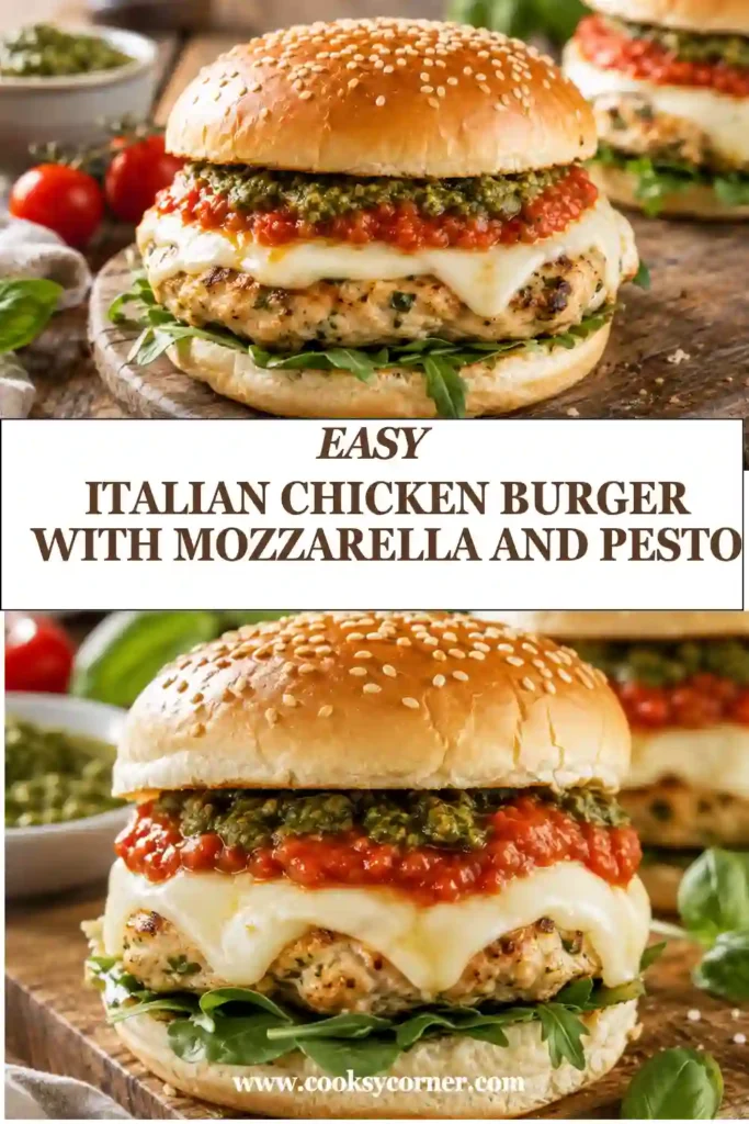 Juicy Italian Chicken Burger with melted mozzarella and rich marinara layered over a seasoned ground chicken patty. Fresh pesto and leafy greens complete the Italian-inspired burger.