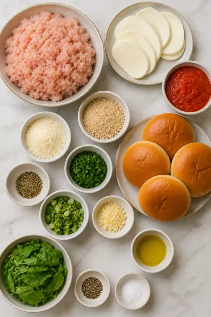 Homemade Italian chicken burger made with Parmesan and herb-seasoned chicken, marinara, mozzarella, pesto, and fresh spinach. The burger is served warm on a golden bun.