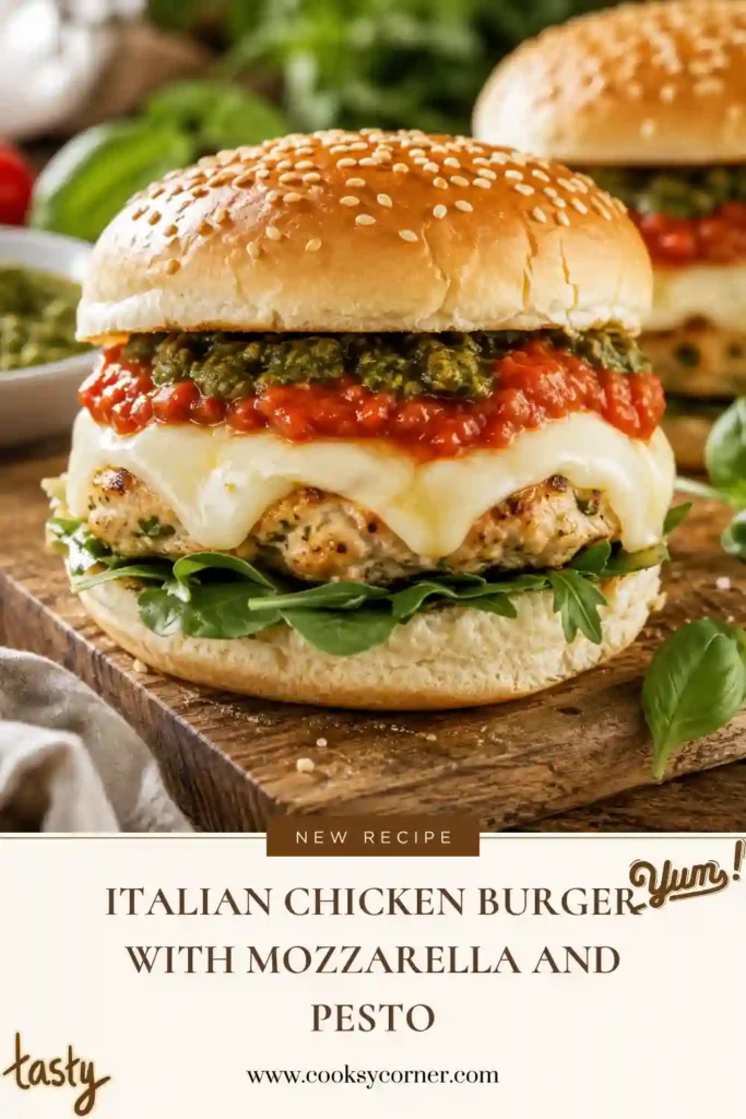 Italian Chicken Burger topped with marinara sauce, melted mozzarella, pesto, and fresh arugula on a soft hamburger bun. The golden chicken patty is seasoned with Parmesan, garlic, and Italian herbs.